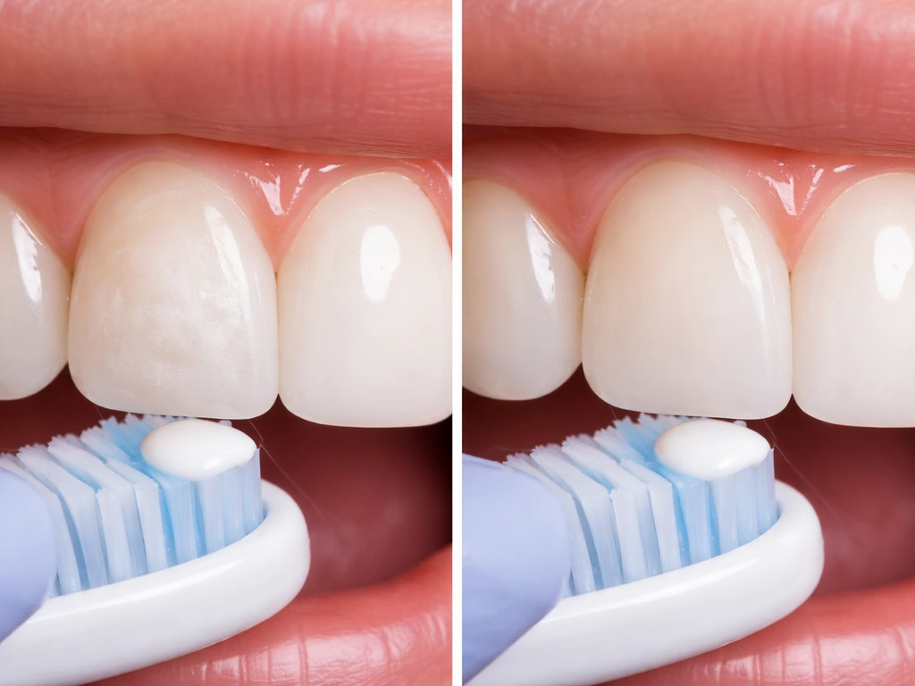 Close-up of a toothbrush cleaning a tooth surface beside a healed, smoother enamel area