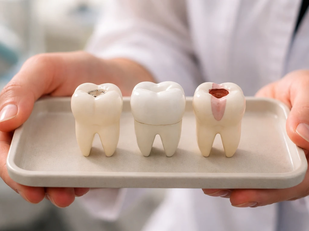 Dental clinician holding three tooth models showing filling, crown, and root canal damage areas