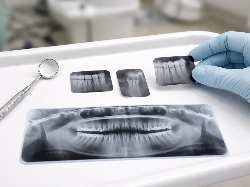 Close-up of dental radiograph films on a tray, with gloved hands holding one film in a clinic.