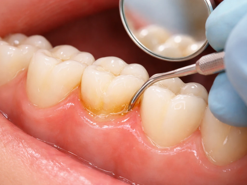 Close-up of a dentist’s gloved hand cleaning tartar along a tooth gumline with slight redness