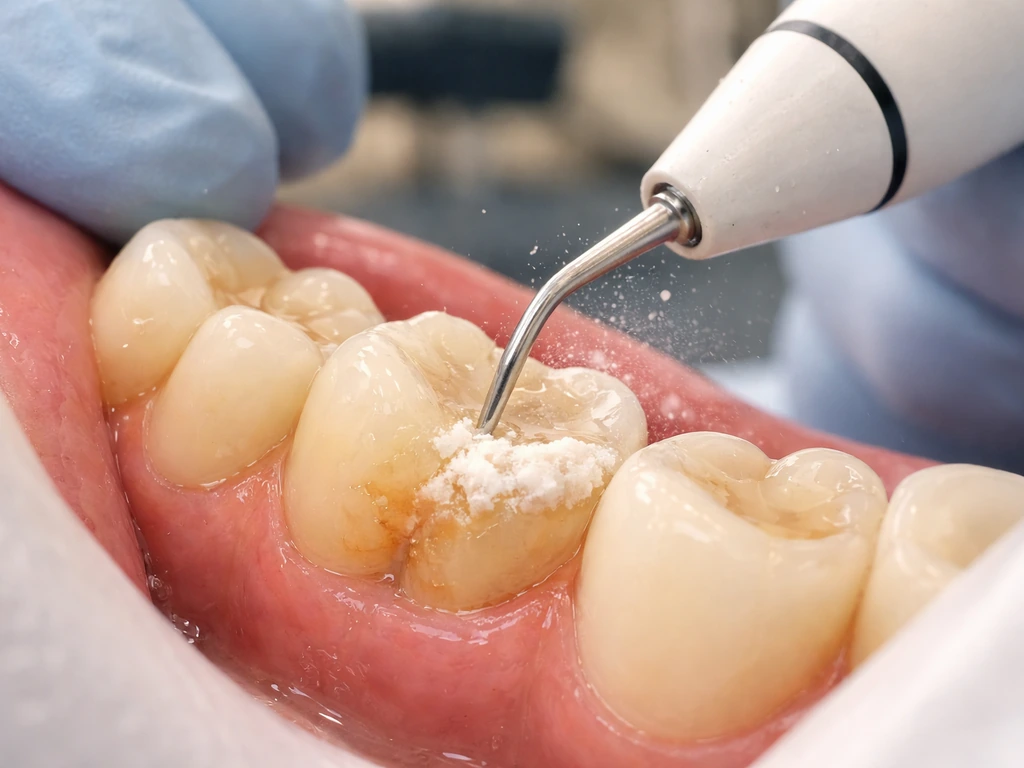 Close-up of ultrasonic scaler lifting hardened tartar at a molar gumline in a dental exam.
