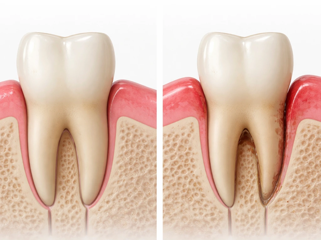 Minimal medical illustration-style photo showing free gingiva healing versus deeper periodontal attachment/bone loss