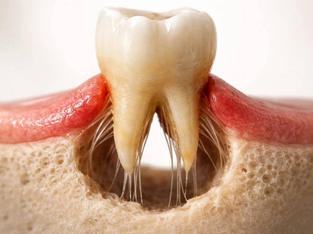 Close-up of a tooth with exposed periodontal ligament fibers and lost bone support, not regenerating