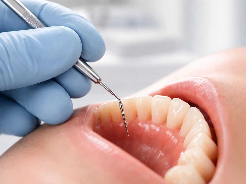 Dental clinician gently measuring gum pocket depth with a periodontal probe in a patient’s mouth