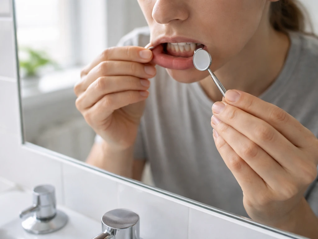 Person using a mirror in bright light to check gum color and puffiness