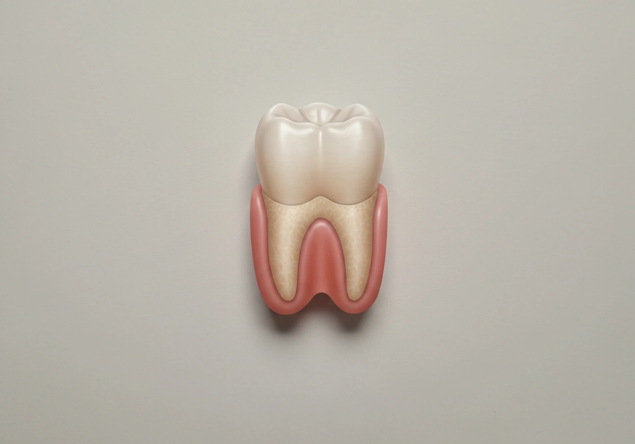 Photo-style medical illustration showing tooth structure and gums with enamel and dentin layers