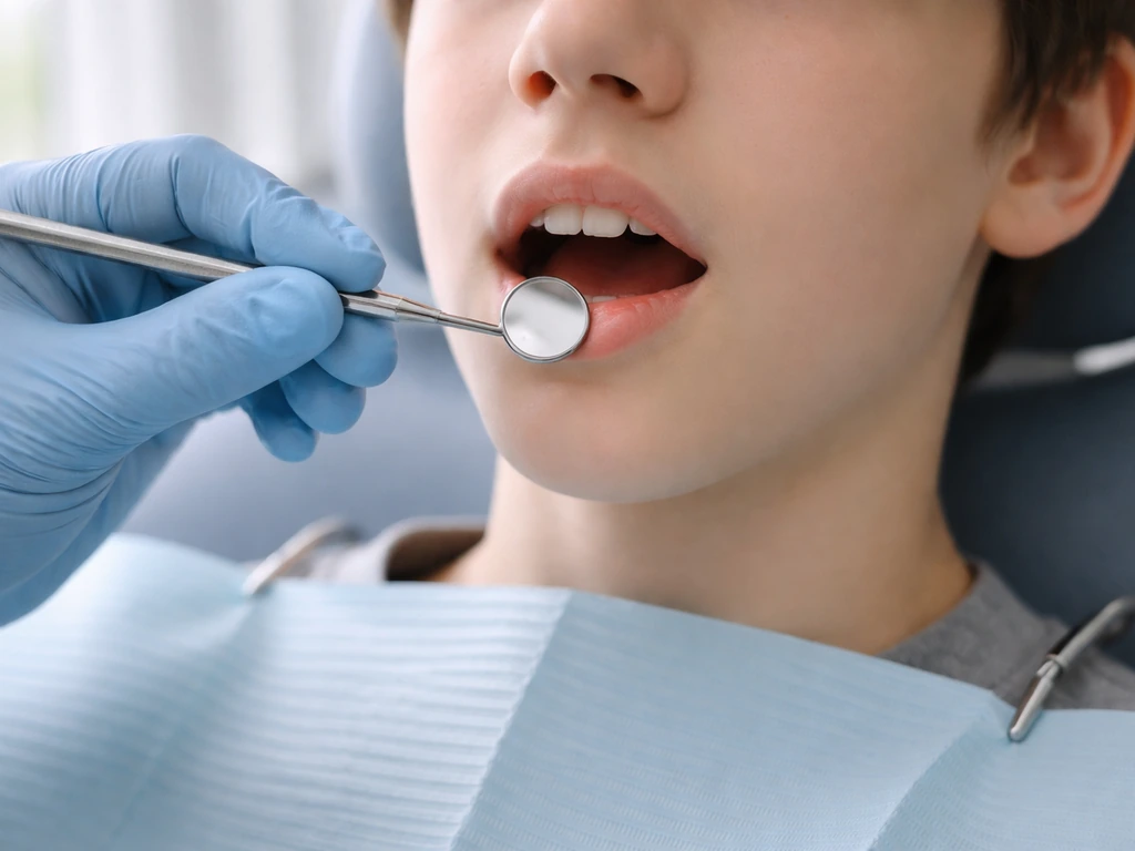 Close-up of a calm teen in a simple dental chair with a dentist mirror, showing teeth care without graphic injury.