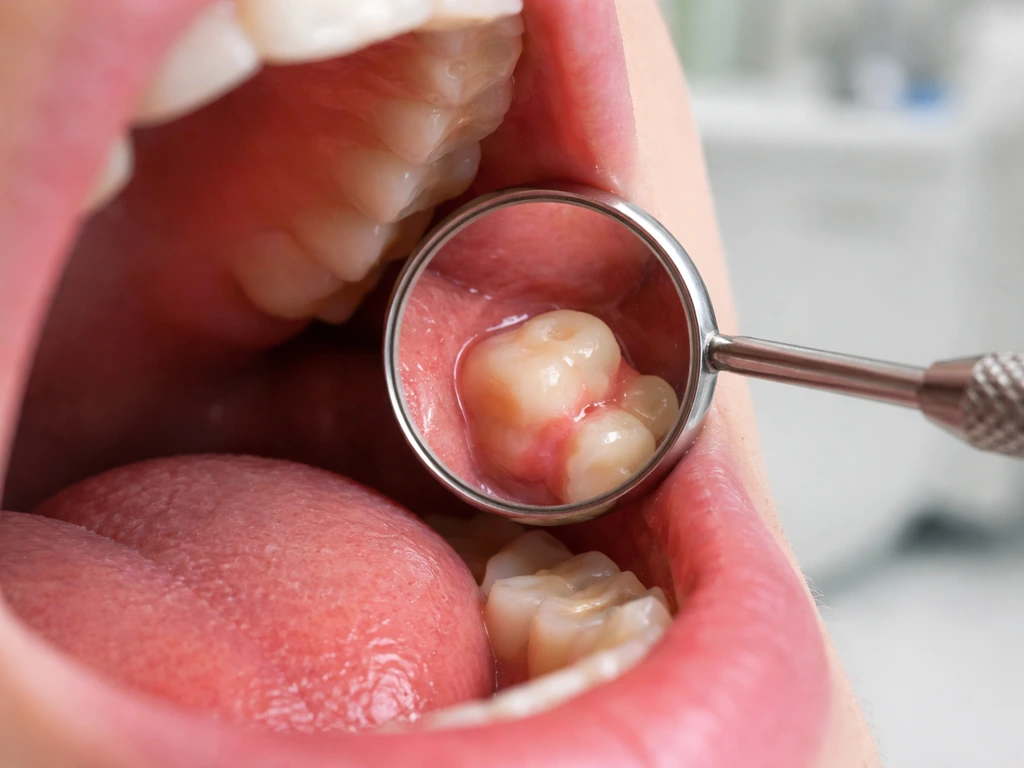 Mouth close-up with a dental mirror showing a partially erupted back tooth in a simple exam setting.