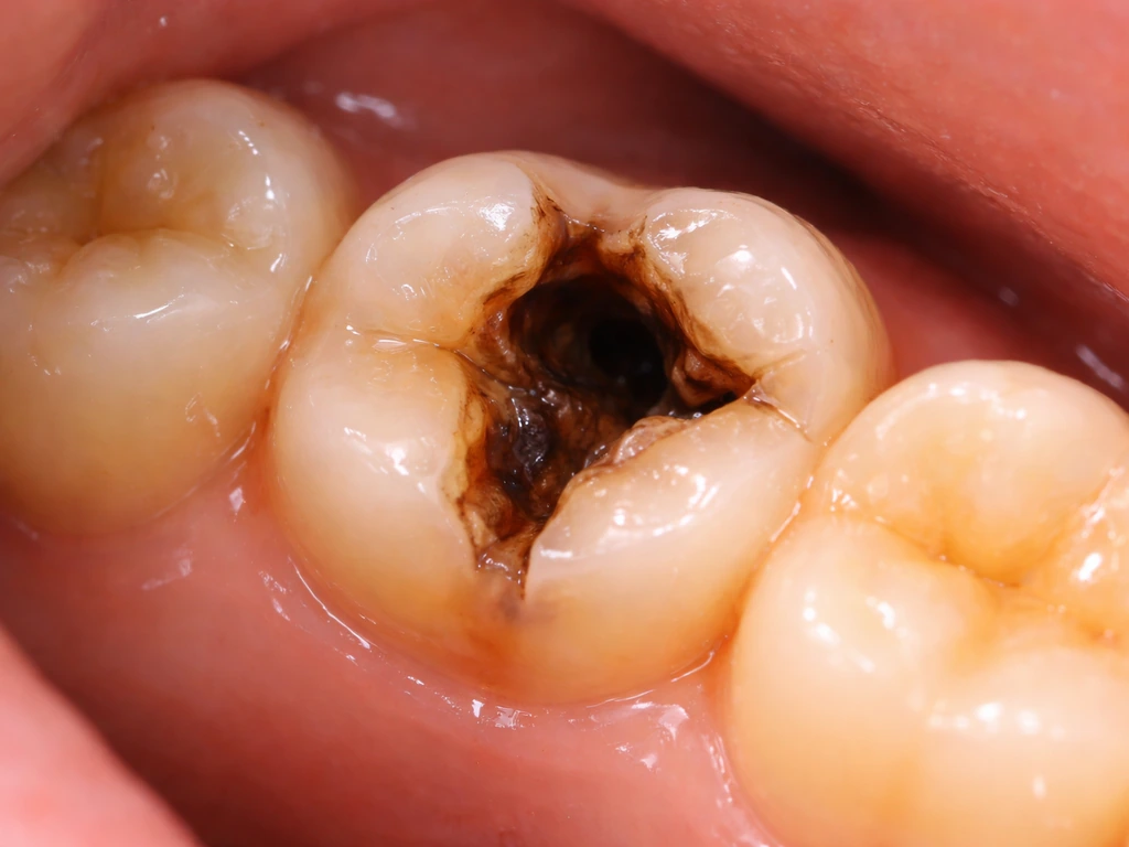 Macro photo of one molar showing a large decayed cavity and chipped enamel in clear detail.