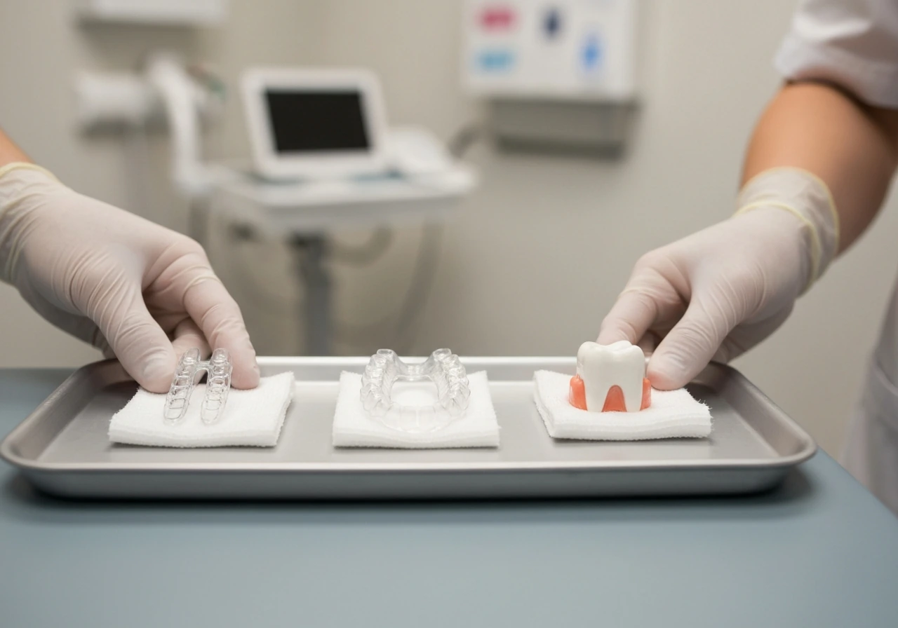 Minimal dental clinic scene showing three treatment options for a missing tooth at age 14