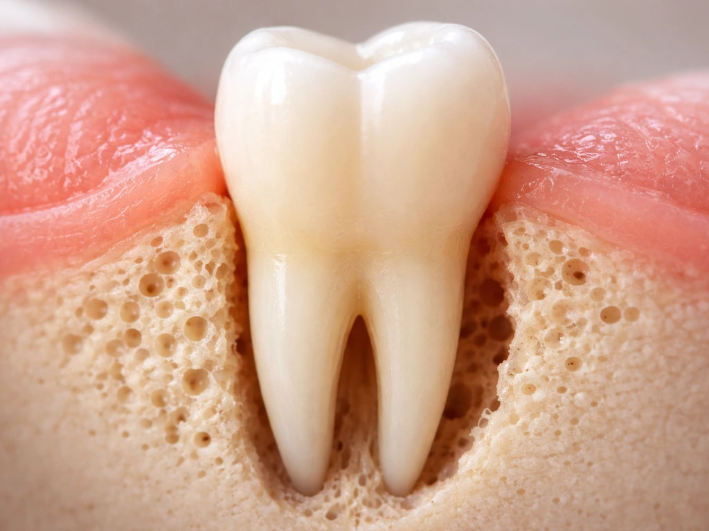 Close-up of a single tooth root with surrounding jawbone showing loss on one side and possible fill on the other.