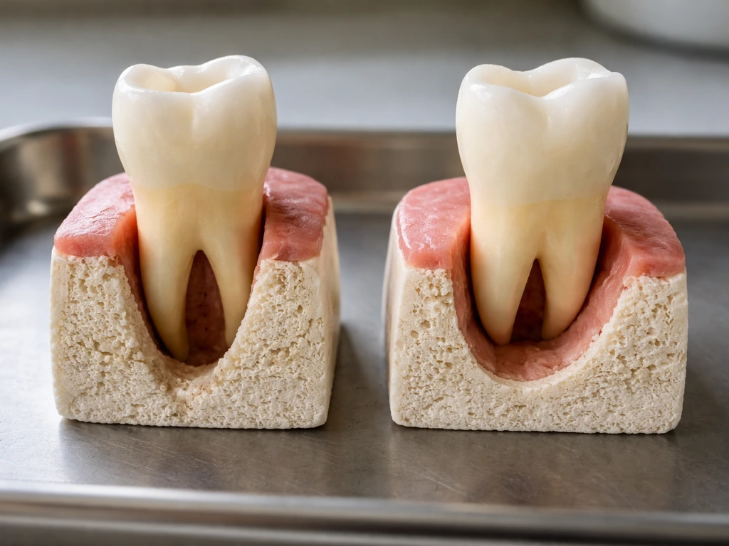 Macro photo of two different dental intrabony defect shapes on a sterile tray, showing narrow deep vs wide shallow.