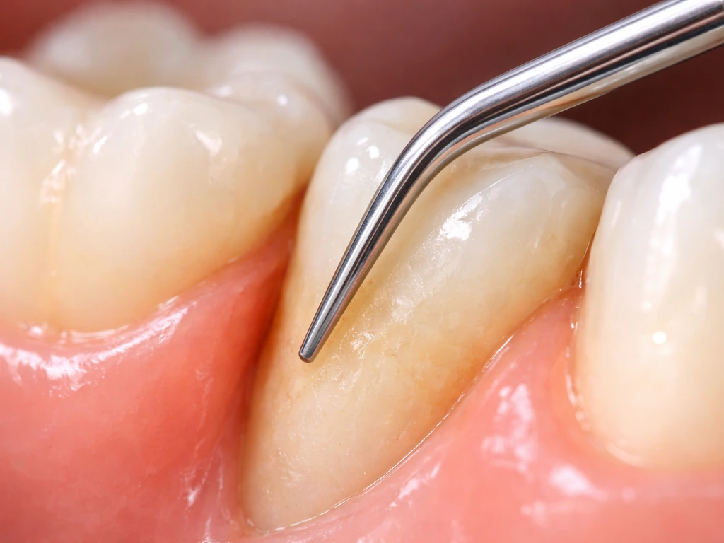 Close-up of a dental scaler tip gently cleaning a patient’s exposed tooth root below the gumline