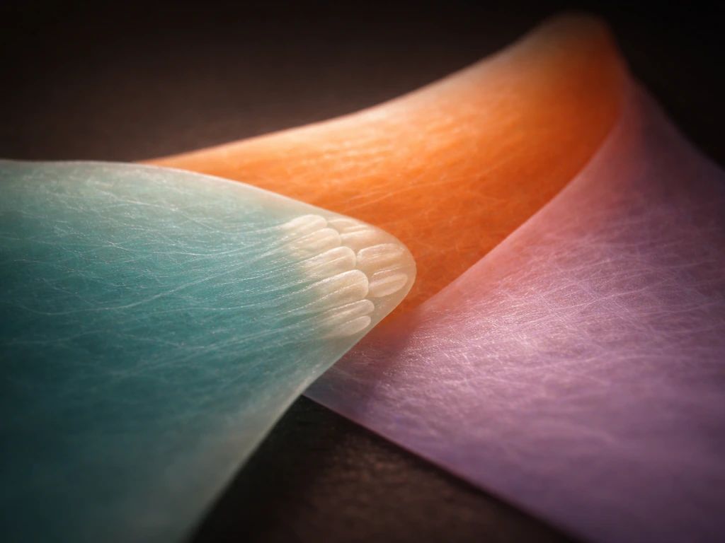 Minimal macro photo of three colored tissue-like layers blending together, hinting ectoderm, mesoderm, and endoderm.