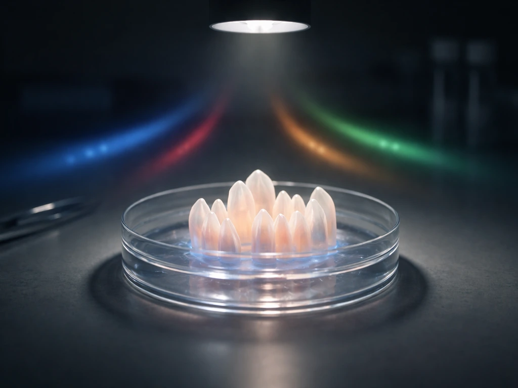 Close-up of a clean lab workspace with a translucent 3D model of organized tooth-like structures