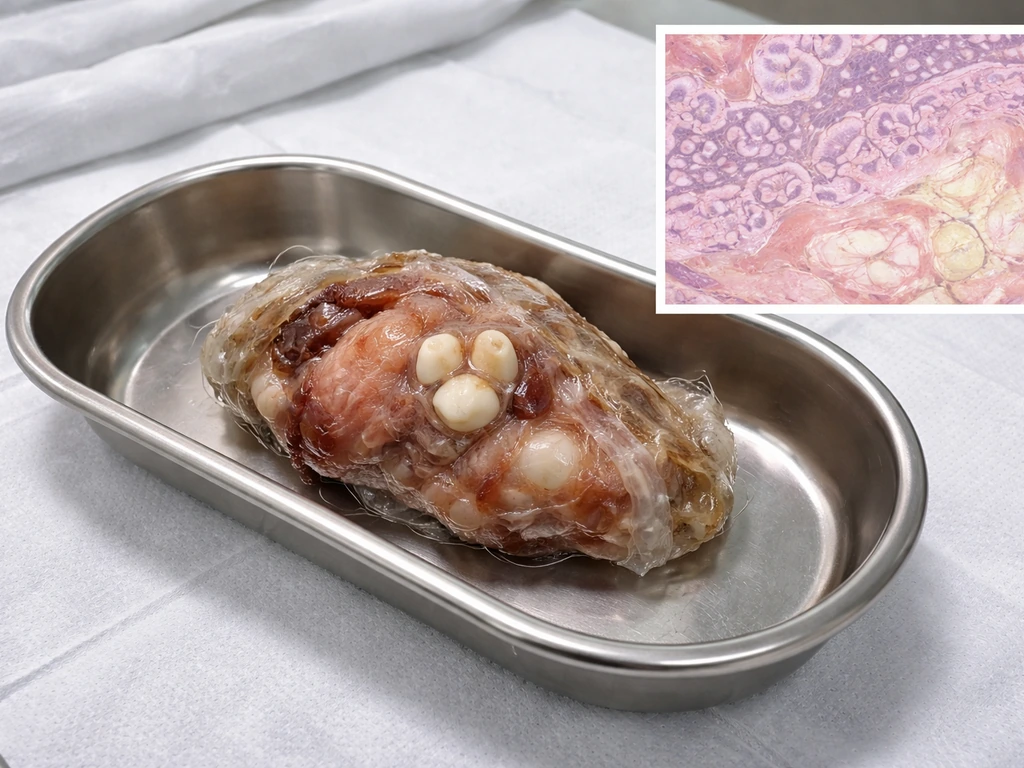 Removed teratoma specimen with tooth-like material in a sterile tray beside a small pathology-style close-up.