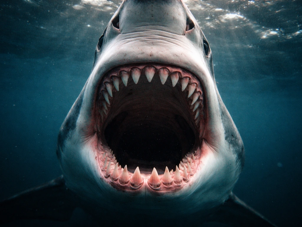 Close-up of a shark’s open jaw underwater, showing multiple rows of teeth replacing continuously.