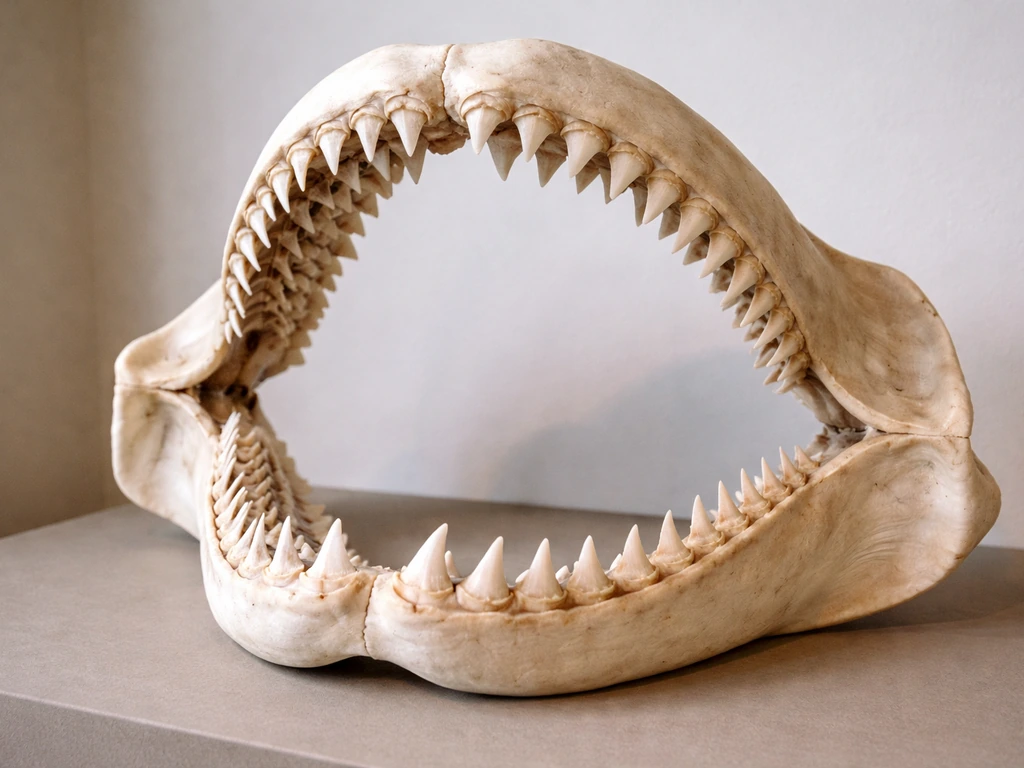 Close-up of a shark jaw model showing multiple active tooth rows replacing old teeth at once