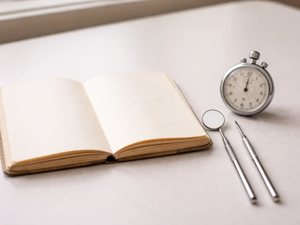 Minimal photo of a notebook on a desk with dental tools and a stopwatch, suggesting lifetime tooth estimates.
