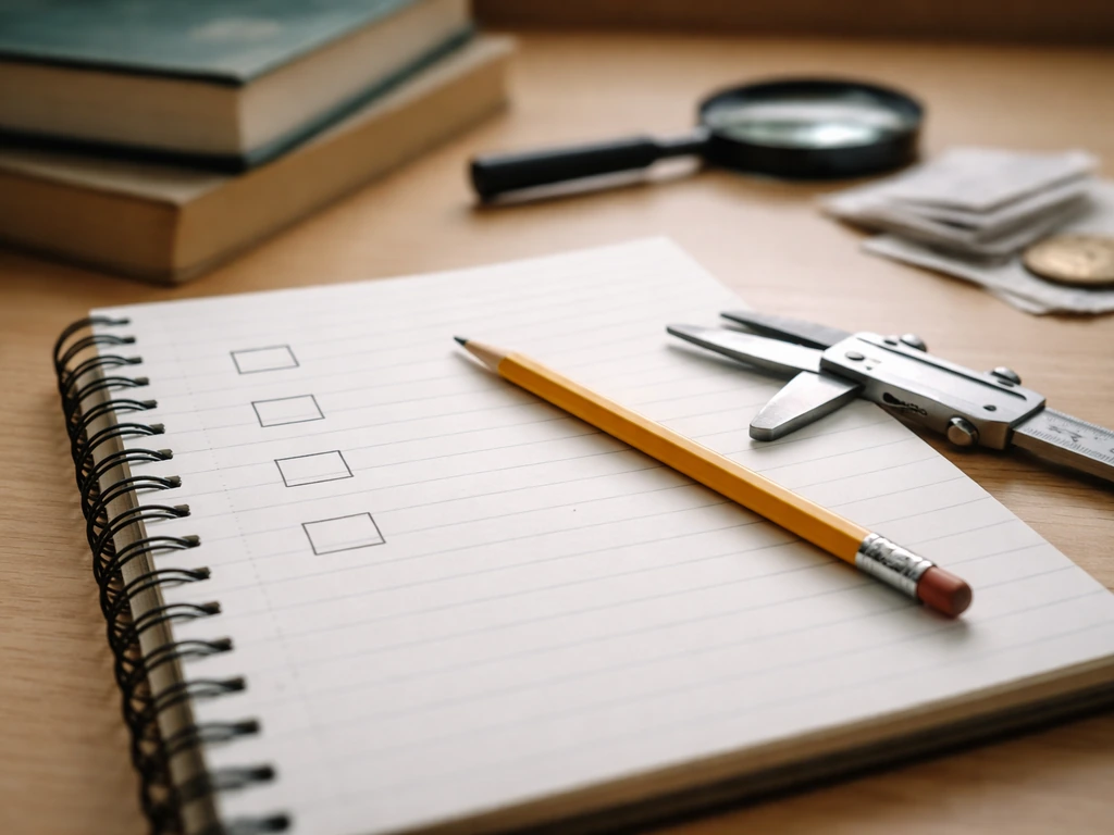 Close-up of a simplified checklist-style workflow: notepad, pencil, calipers, and reference books on a desk