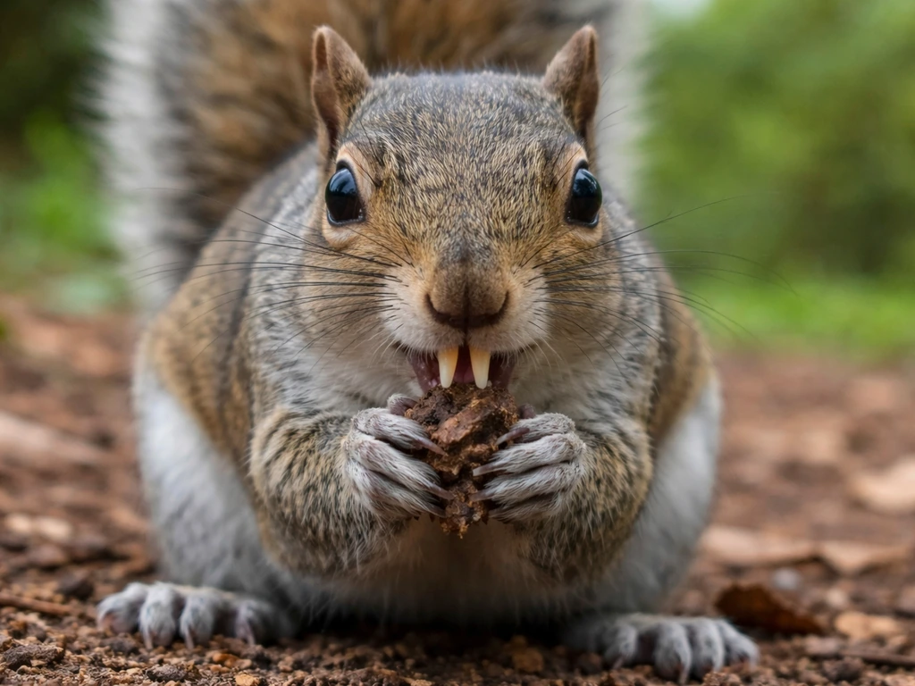 A squirrel gnawing with sharply defined chisel-like incisors visible in natural light