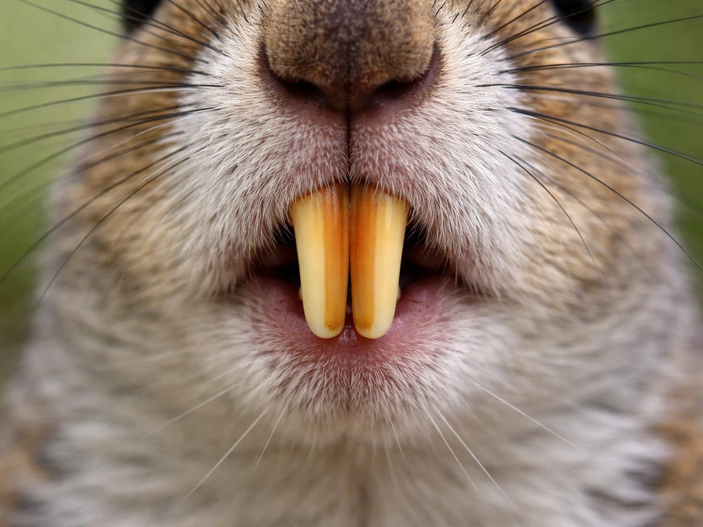 Macro close-up of a squirrel’s ever-growing incisors with visible enamel/dentin banding and worn edges.