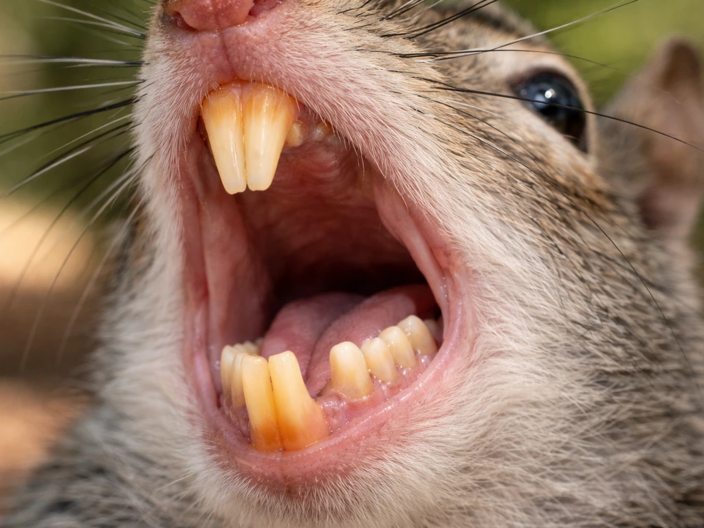 Close-up of a squirrel’s open jaw showing front incisors and back molars with different shapes