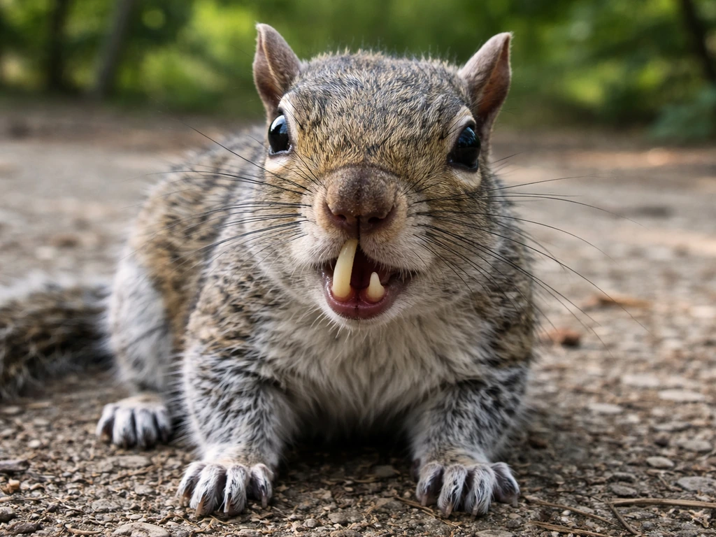 Close-up of a squirrel with mouth slightly open showing overgrown, curling front teeth.