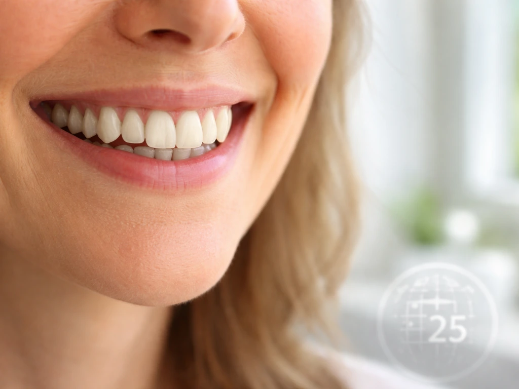 Close-up smile showing subtle gumline recession and mild crowding, with an unobtrusive after-25 visual hint.