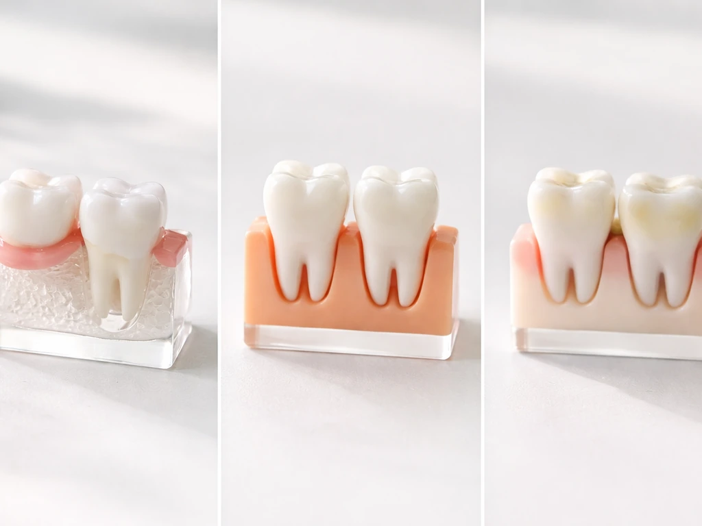 Three tooth model scenes: eruption, subtle spacing from movement, and worn enamel at the crown edge.