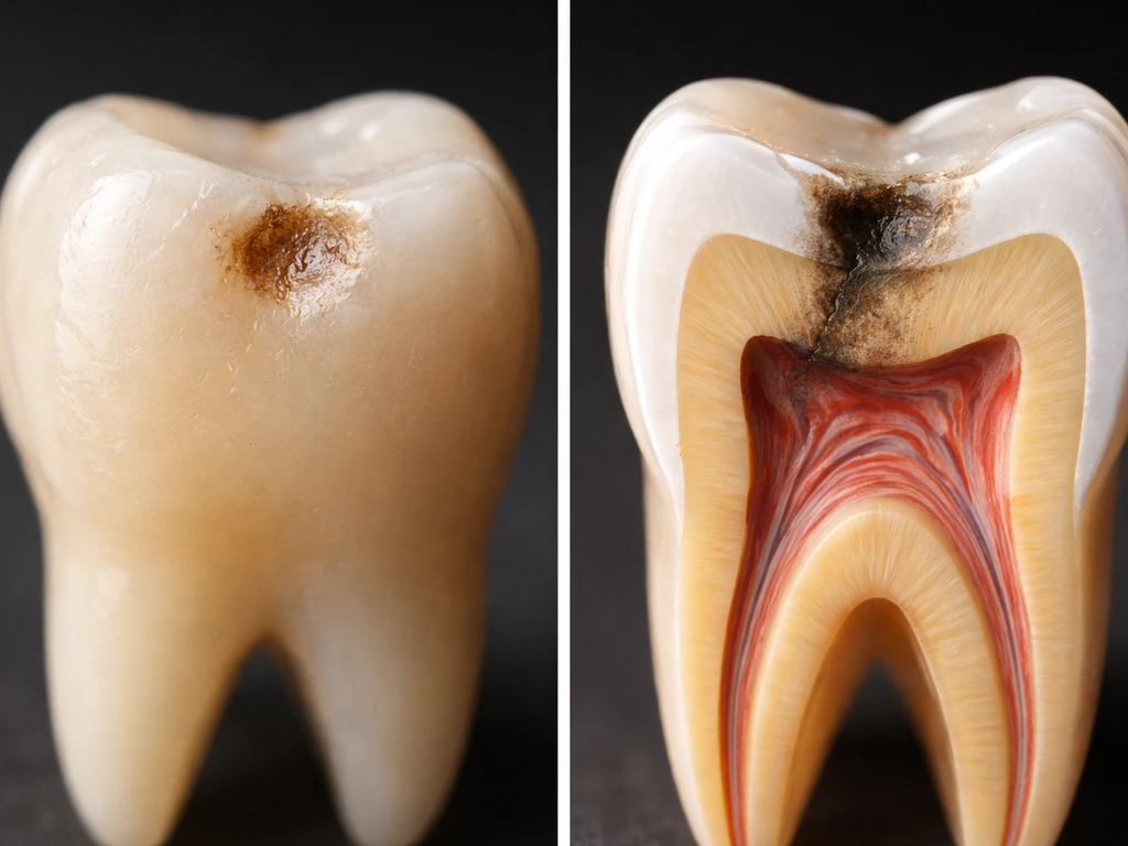 Split closeup of a tooth surface with cavity/wear area versus internal layers, showing enamel can’t regrow
