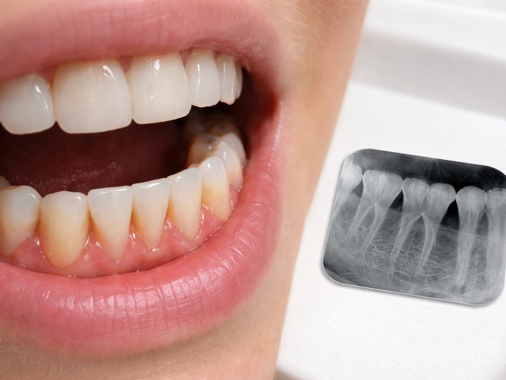 Closeup of teeth with gingival recession alongside an unlabeled dental X-ray suggesting bone loss.