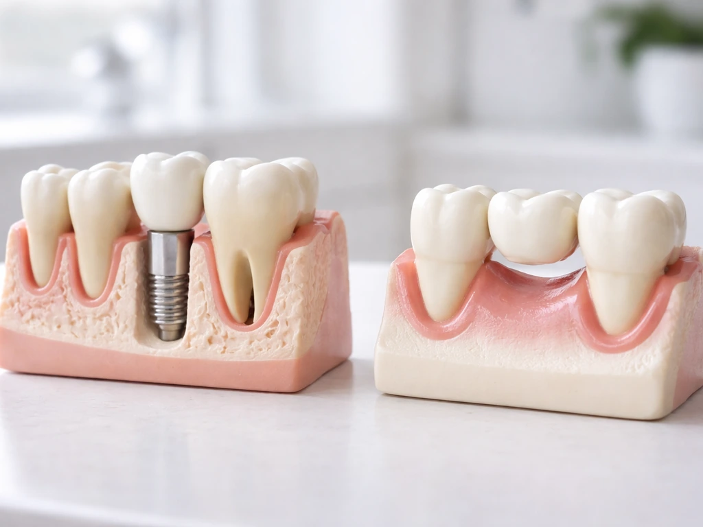 Dental implant placement showing an implant post in the jaw with a crown above, contrasted with a fixed bridge