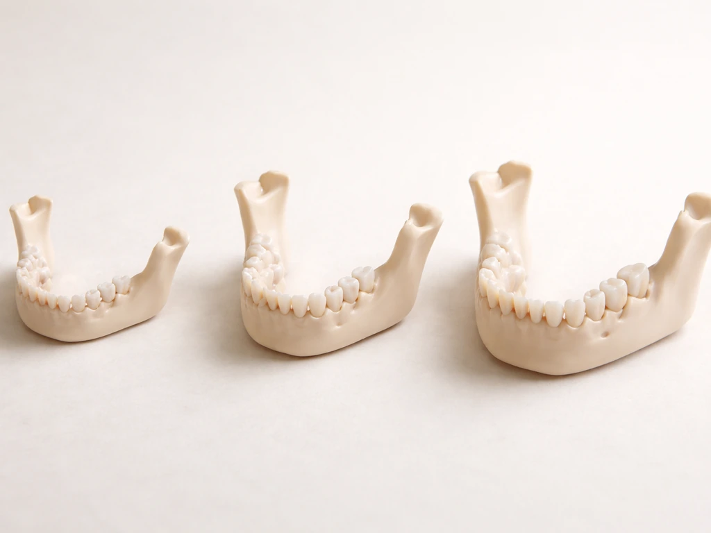Three-stage realistic lower jaw showing tooth eruption space from early life to adulthood.