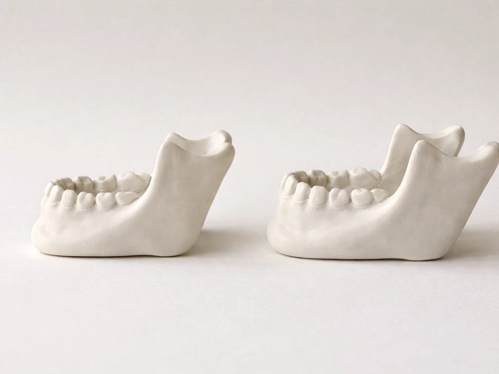 Two side-by-side lower-jaw casts showing mandible growth from infancy to early childhood.