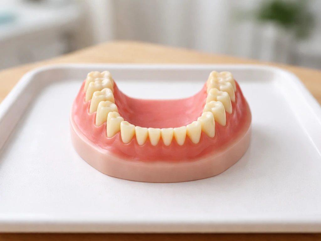 Close-up of an orthodontic study model showing jaw spacing and tooth eruption alignment on a simple dental tray.
