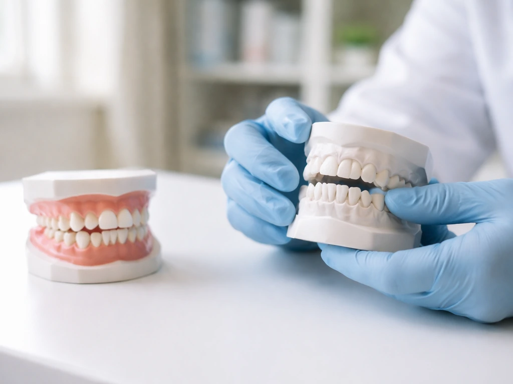 Orthodontist using a dental model in a clinic, showing early mixed dentition crowding and spacing concerns.