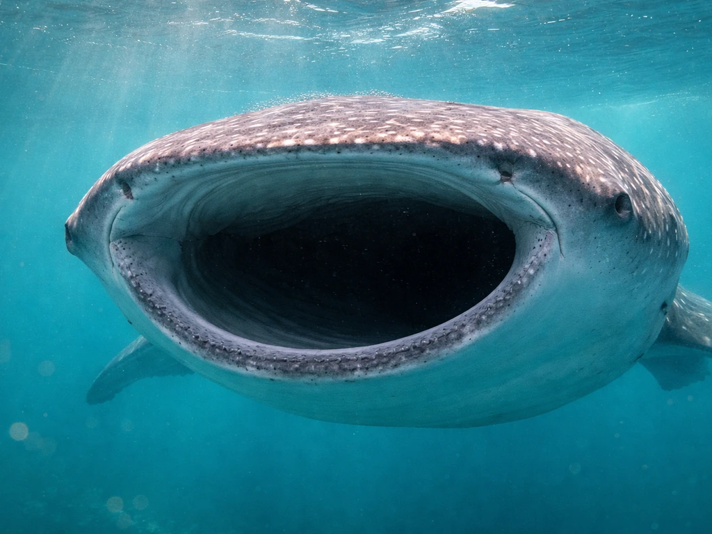 Underwater photo of a whale shark with its open mouth close-up, showing many teeth-like textures