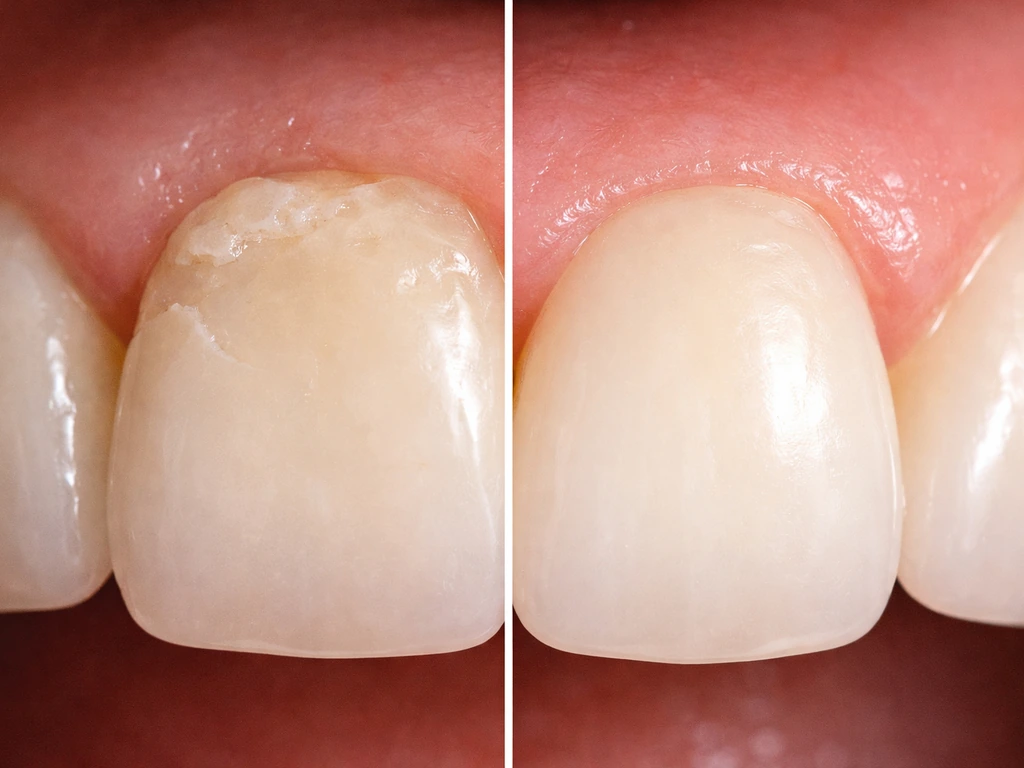 Close-up split image of damaged enamel versus healing-looking gum tissue.