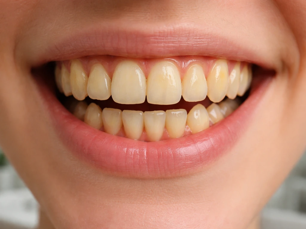 Close-up of teeth showing noticeable yellow discoloration with natural color variation