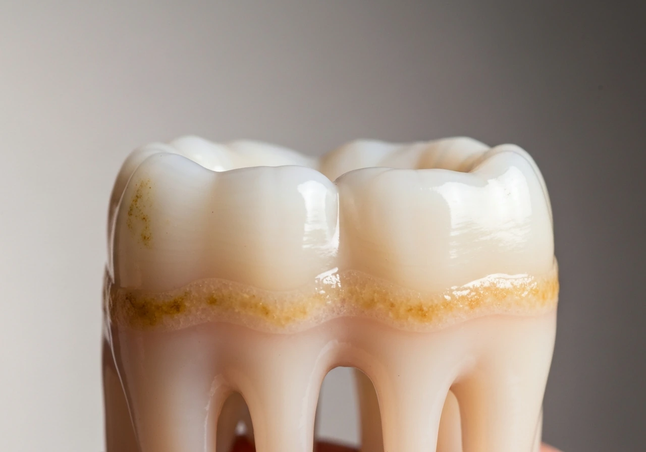 Close-up view showing tooth enamel layer over dentin with surface stains on top.