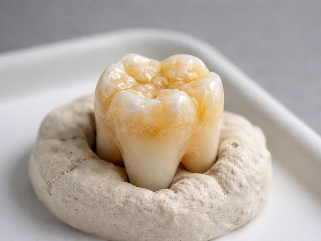 Macro view of a molar tooth with chalky, irregular MIH-like enamel discoloration patches.