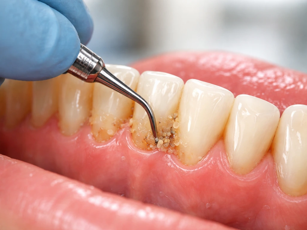 Dental hygienist using a scaler to remove plaque and tartar near a patient’s gumline