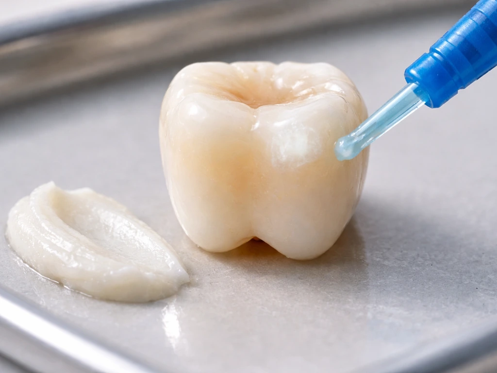 Close-up of a tooth with white spot lesion beside a fluoride toothpaste tube and gel applicator.