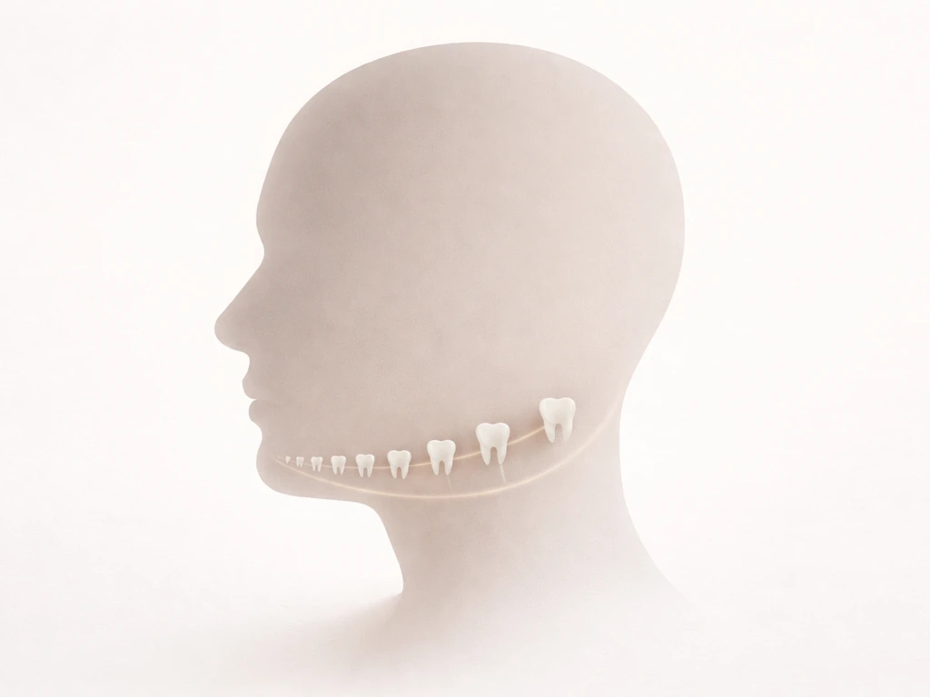 Minimal head-and-jaw silhouette with a subtle, tooth-like timeline overlay suggesting eruption ages.