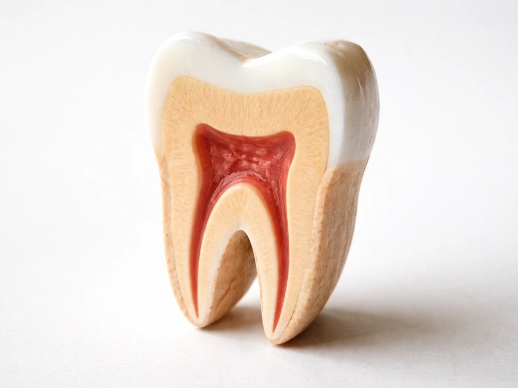 Isolated macro cross-section of a tooth showing enamel, dentin, and pulp in distinct colors.