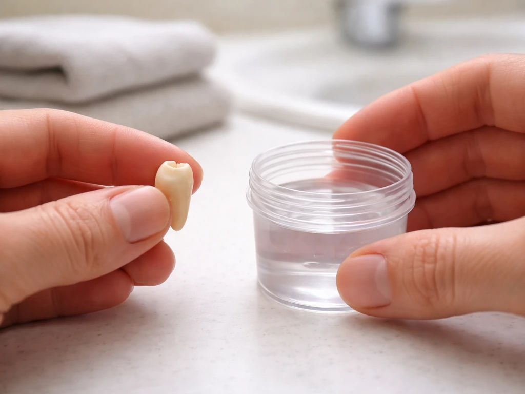 Hands holding an avulsed tooth by the crown beside a small container of clear liquid.