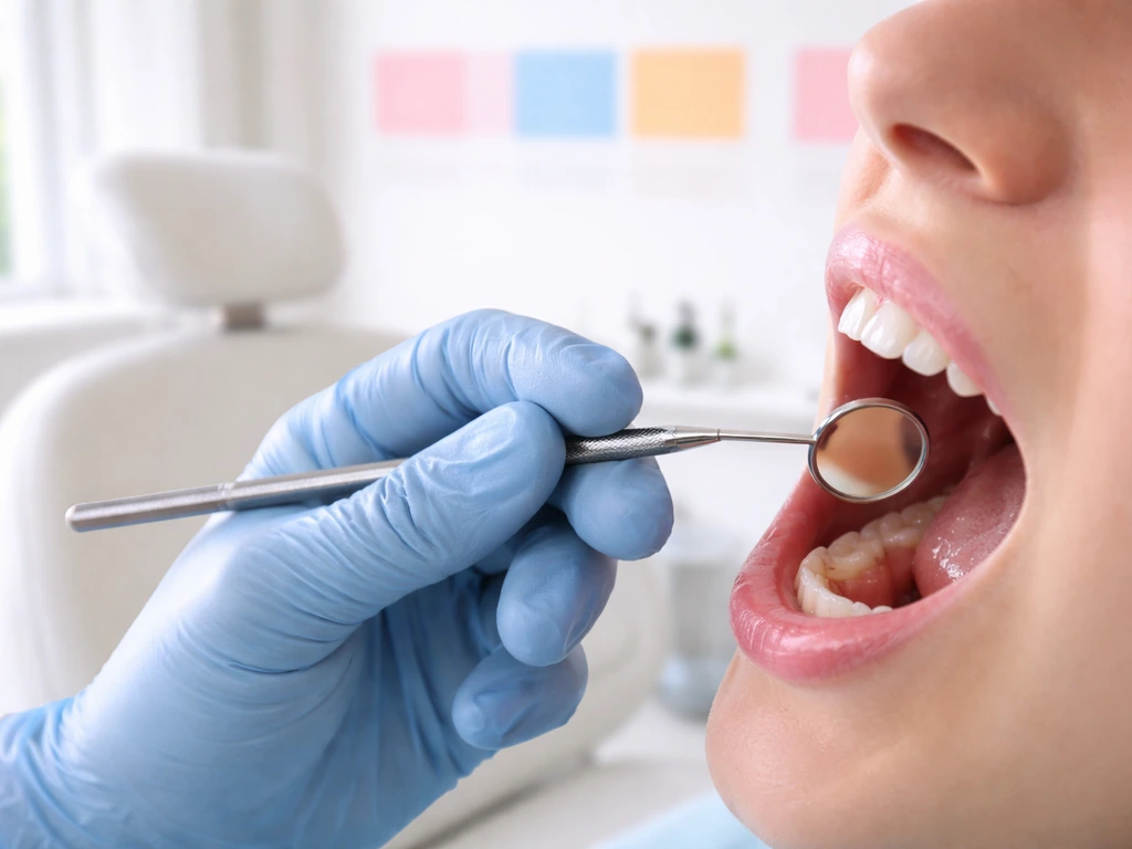 Dental professional examining an open mouth with a simple age-themed illustration background