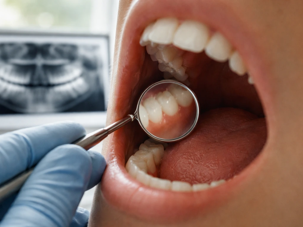 Gloved dentist hand holding a mouth mirror with a panoramic dental X-ray of third molars in view.
