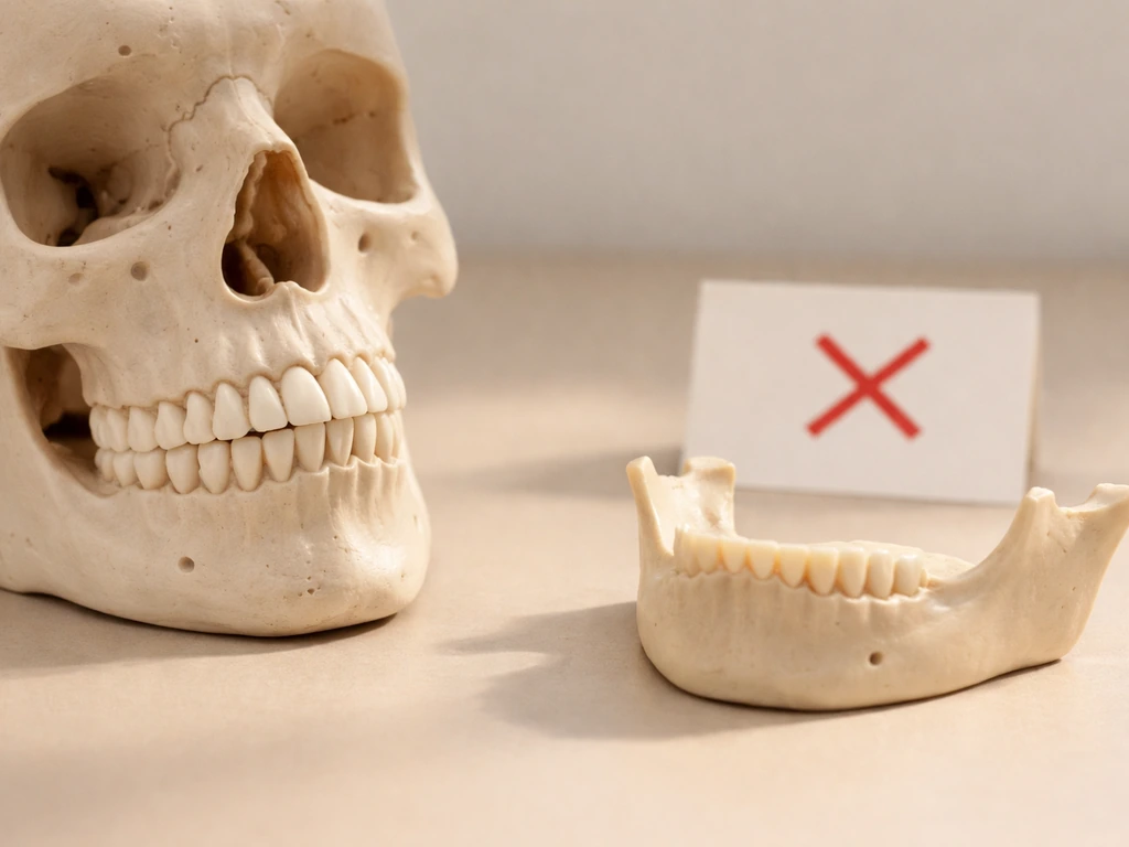 Minimal jaw model with highlighted dental area and a subtle cross indicating teeth don’t grow outside the jaw.